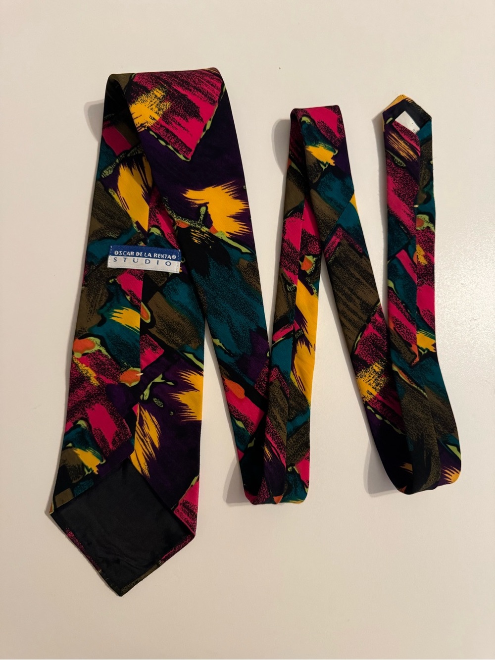 Oscar de la Renta Purple, Pink, Teal & Yellow Abstract Silk Tie